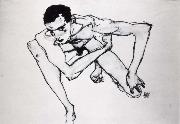 Egon Schiele Self Portrait in crouching position oil painting